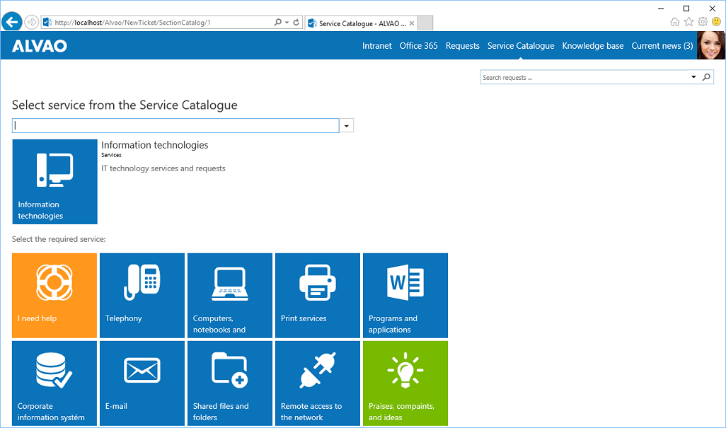 Katalog služeb v aplikaci Alvao WebApp